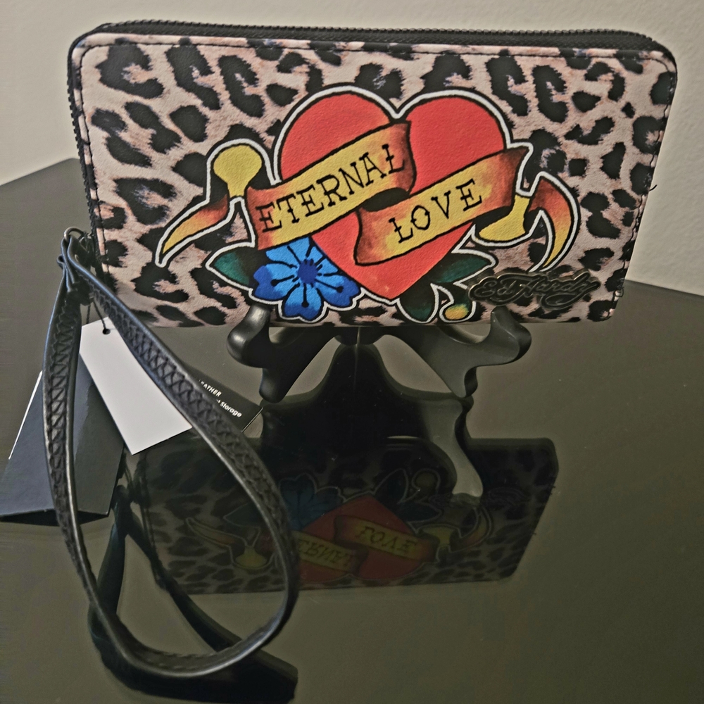 Ed Hardy Leopard Print "Eternal Love" Heart Wristlet - Pink, Black, Red